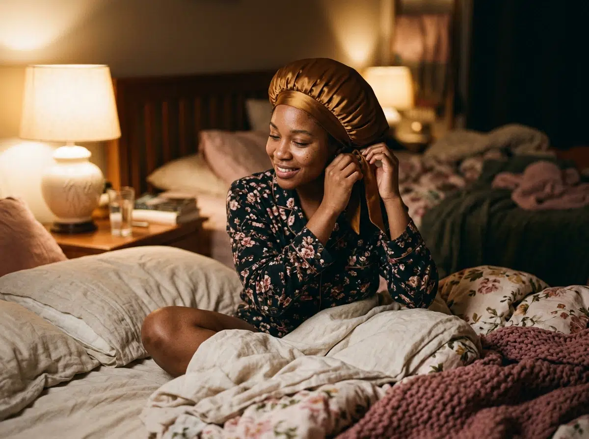 Femme nouant un bonnet en satin sur ses cheveux crépus avant de dormir