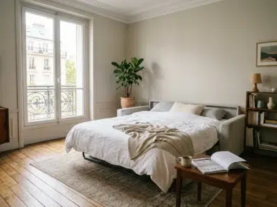 Canapé convertible gris clair déplié en lit dans un salon lumineux aux tons naturels