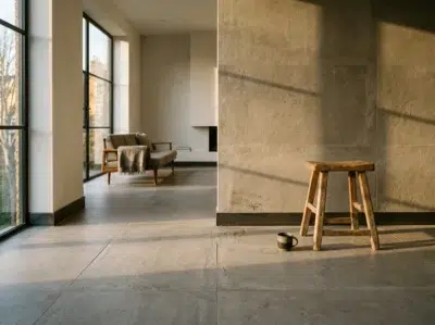 Sol en carrelage extra fin greige prolongé sur le mur d'un salon contemporain en lumière rasante