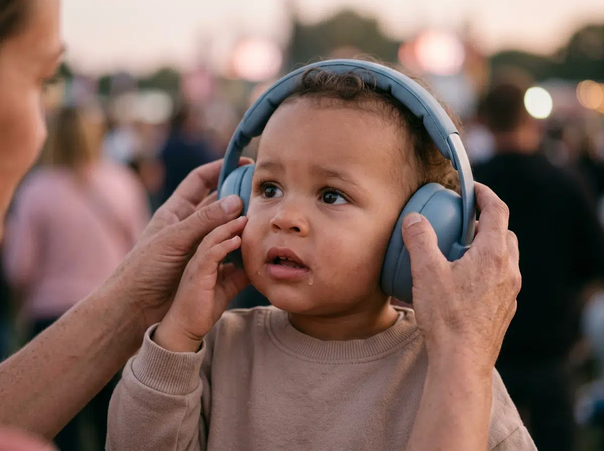 Parent posant un casque anti-bruit sur un bébé avant un feu d'artifice au crépuscule
