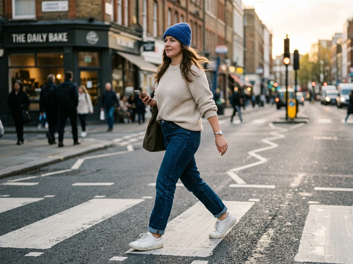 Look discret avec beanie coloré, pull uni et jean droit sur un passage piéton