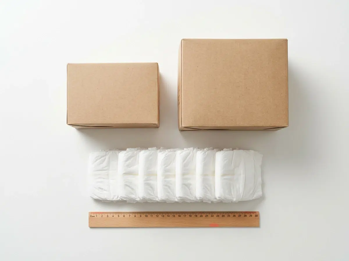 Deux cartons de couches de tailles différentes côte à côte pour comparer le nombre de couches