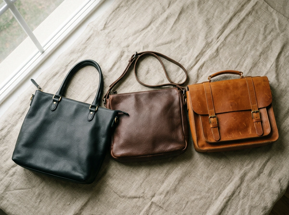 Trois sacs en cuir noir, marron et cognac pour comparer les teintes professionnelles