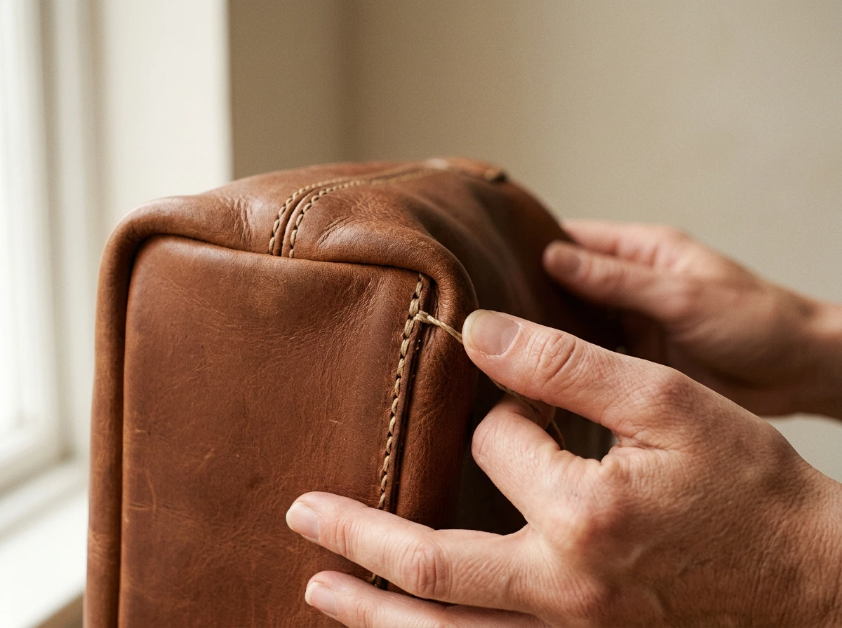 Gros plan sur les coutures et finitions d'un sac en cuir pleine fleur
