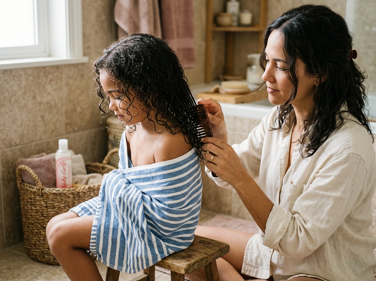 Une mère démêle les cheveux bouclés humides de sa fille avec un peigne à dents larges