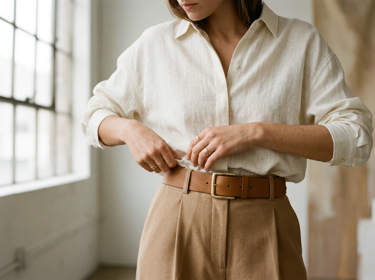 Gros plan sur un demi-rentré de chemise oversize avec ceinture large à la taille