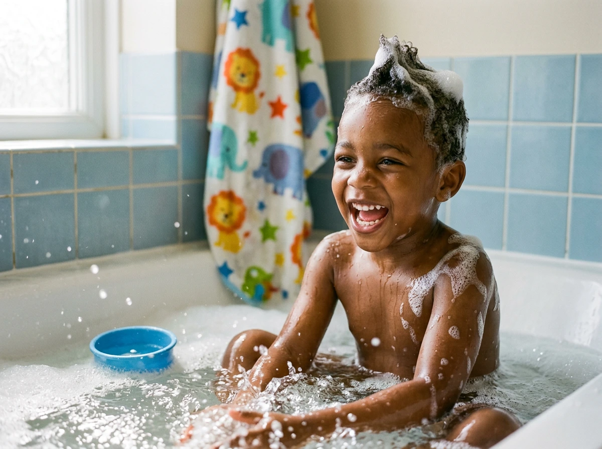 Un petit garçon rit dans son bain avec de la mousse de shampoing sur les cheveux