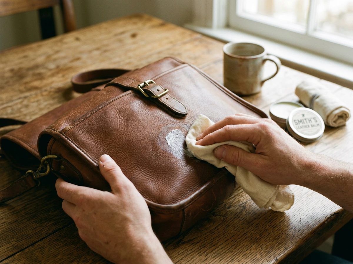 Application d'un lait nourrissant sur un sac en cuir pour l'entretenir