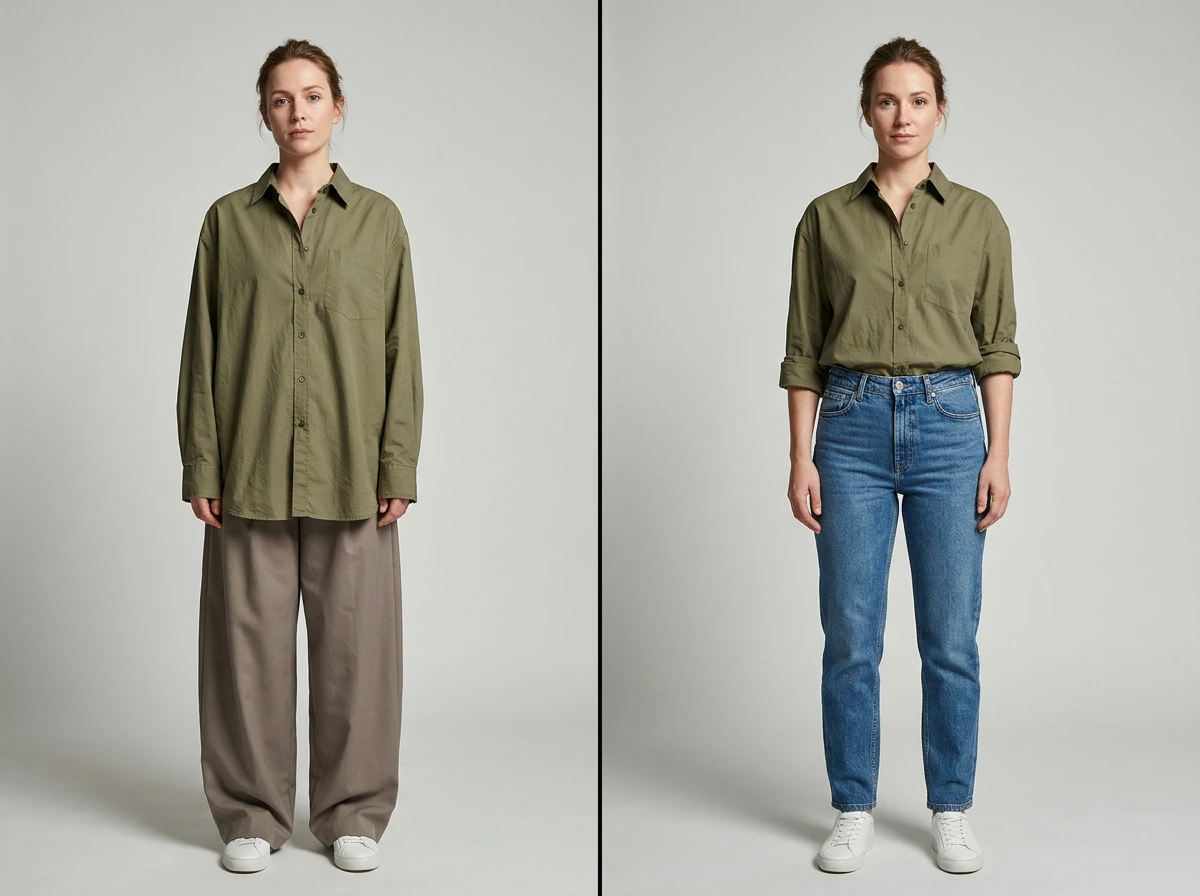 Comparaison avant-après d'une chemise oversize mal proportionnée puis bien ajustée