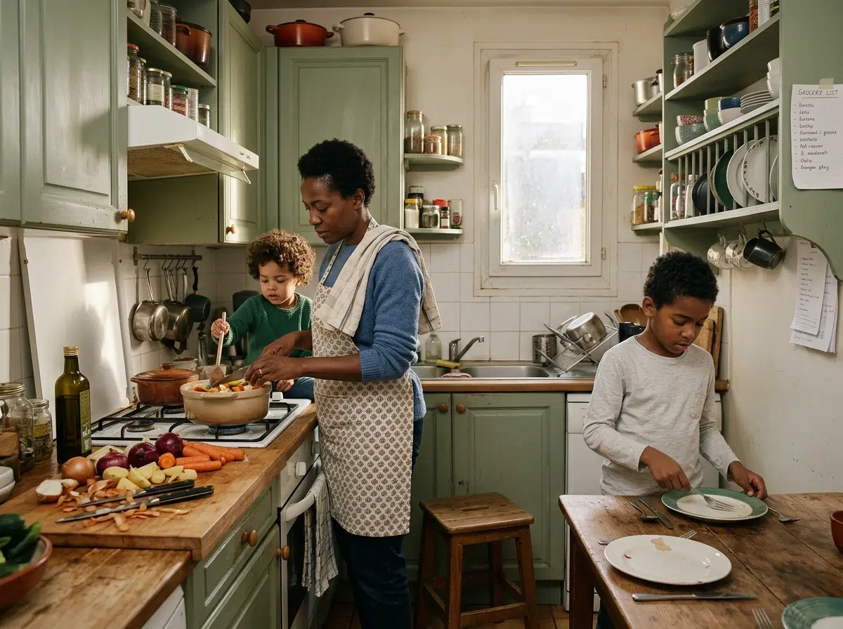 Mère seule et ses deux enfants préparant le repas du soir dans une cuisine modeste