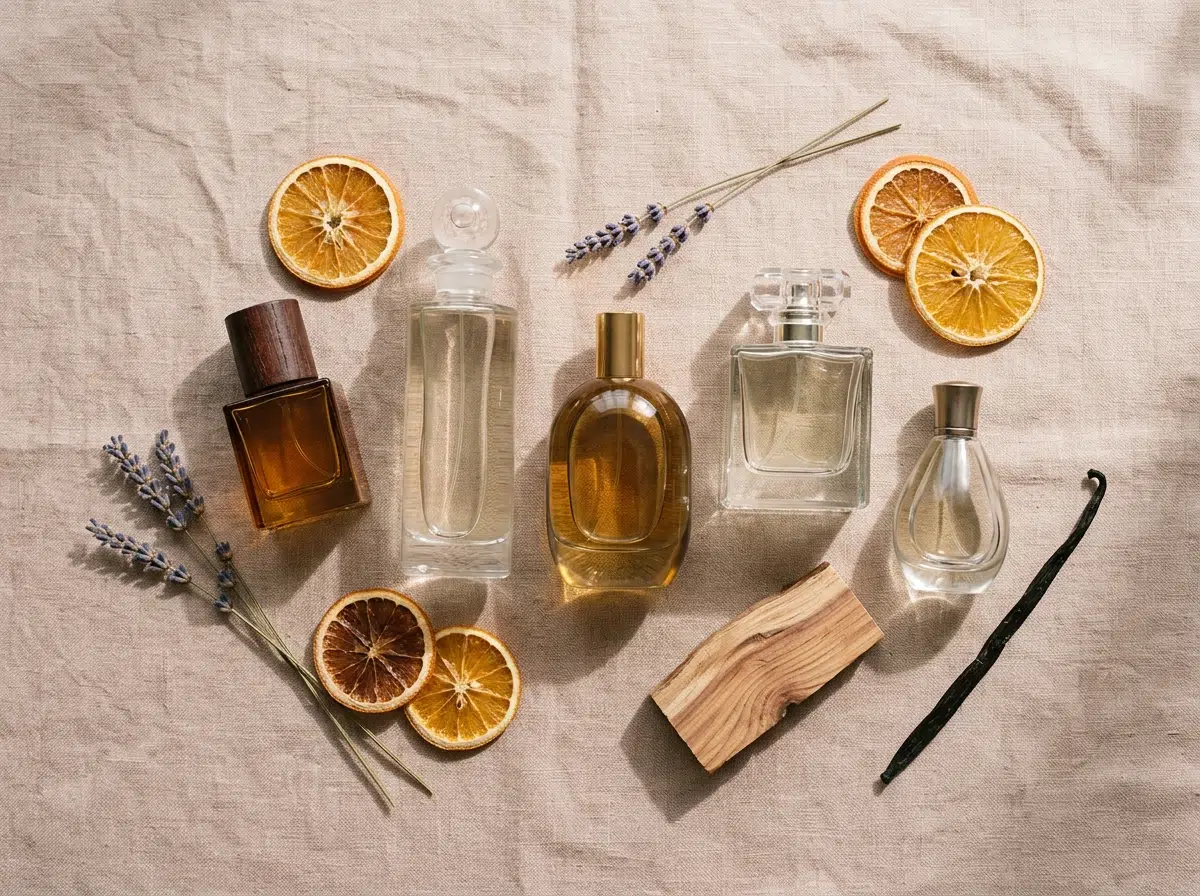 Composition de plusieurs flacons de parfum illustrant les familles olfactives florale et boisée