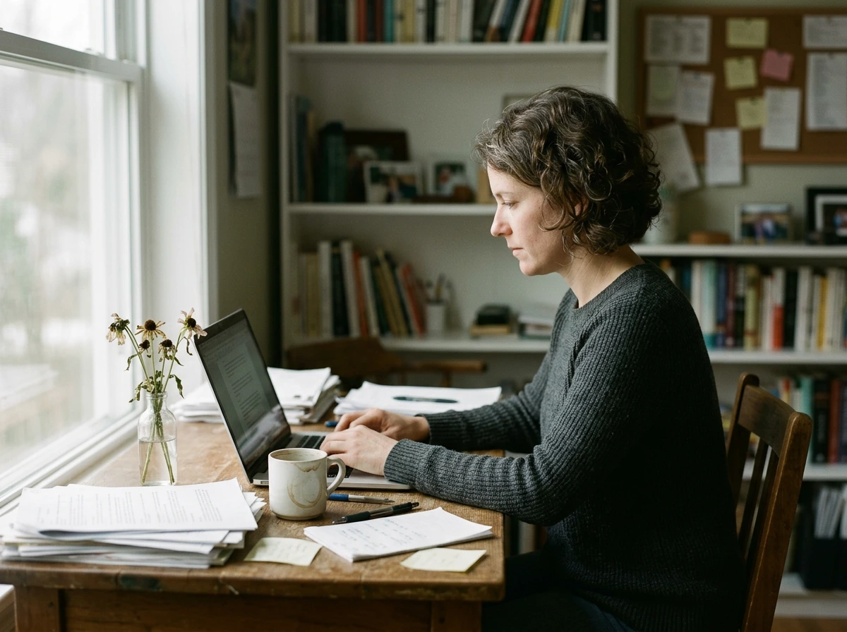 jeune femme travaillant à son bureau avec un petit vase de fleurs à côté de son ordinateur