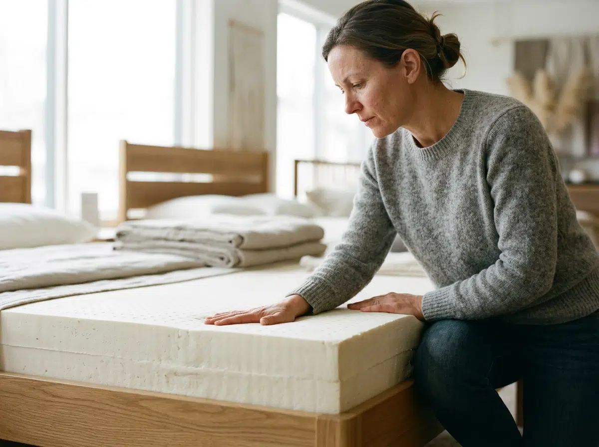 Femme qui presse la surface d'un matelas latex naturel pour tester sa fermeté en magasin