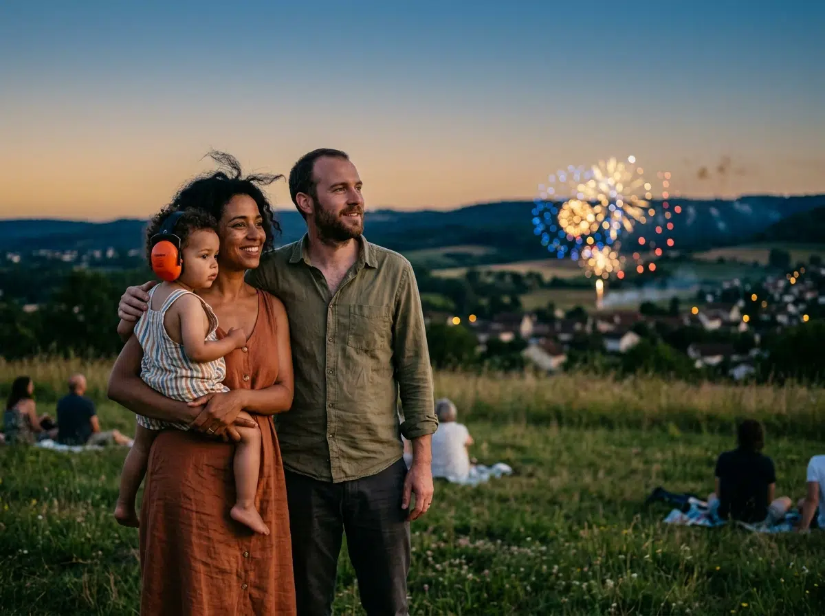 Famille regardant un feu d'artifice à distance le soir, tout-petit portant un casque anti-bruit