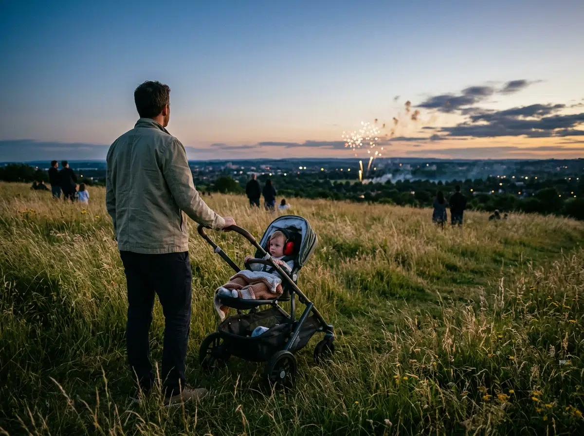 Père et poussette regardant un feu d'artifice éloigné, enfant équipé d'une protection auditive