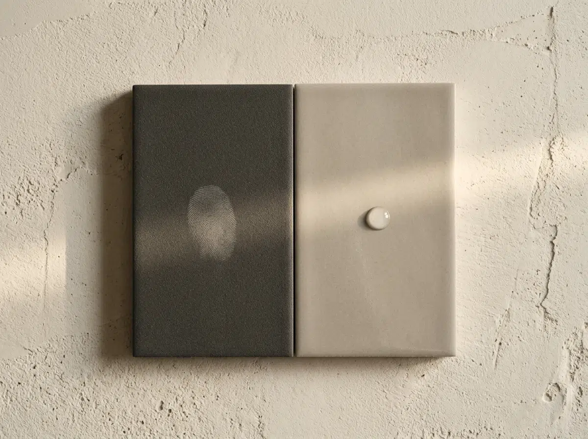 Comparaison macro de deux finitions de carrelage extra fin, une mate et une satinée, en lumière rasante