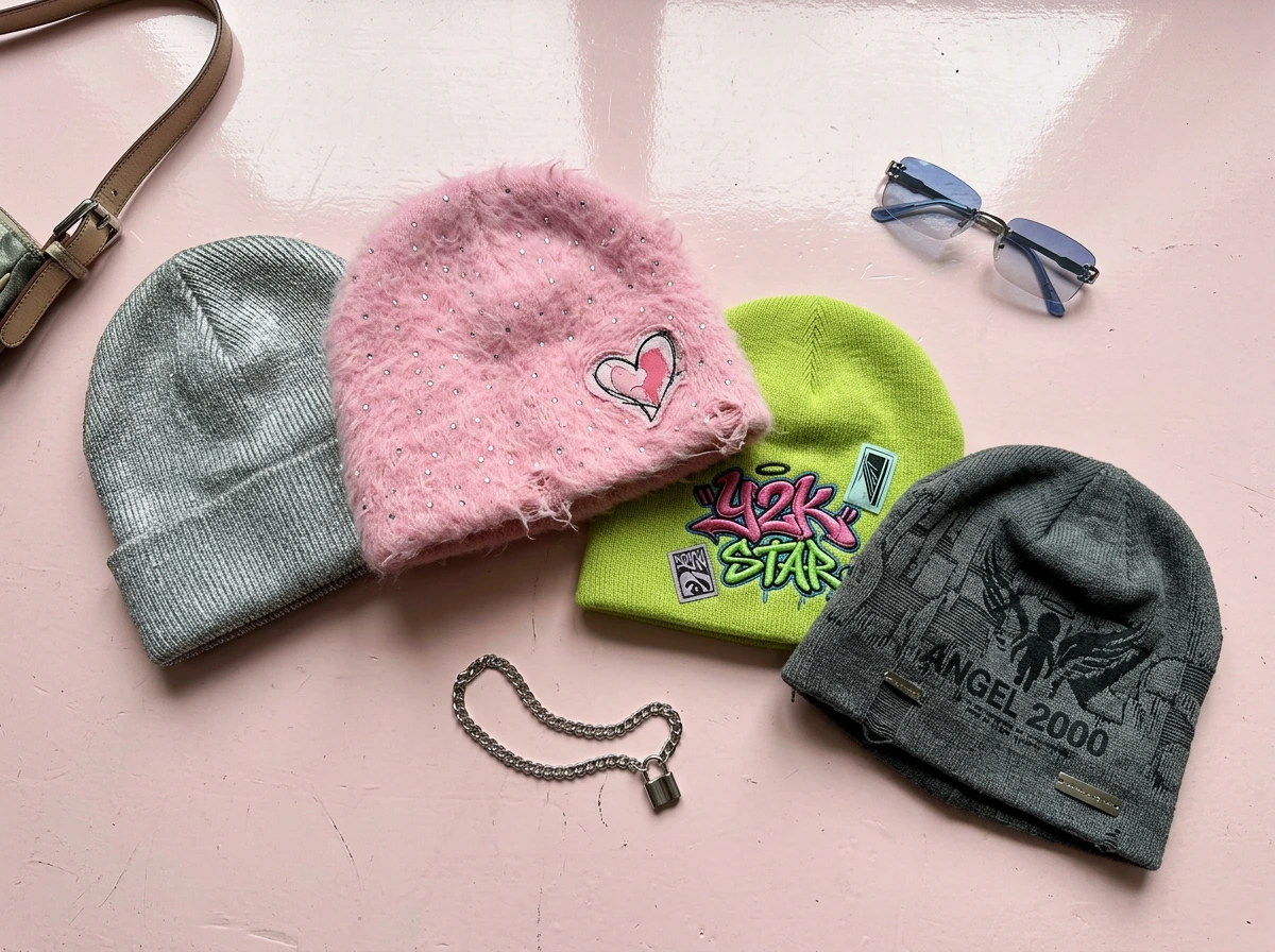 Quatre styles de beanies en flat-lay : cyber métallisé, fluffy rose, graffiti et slouchy