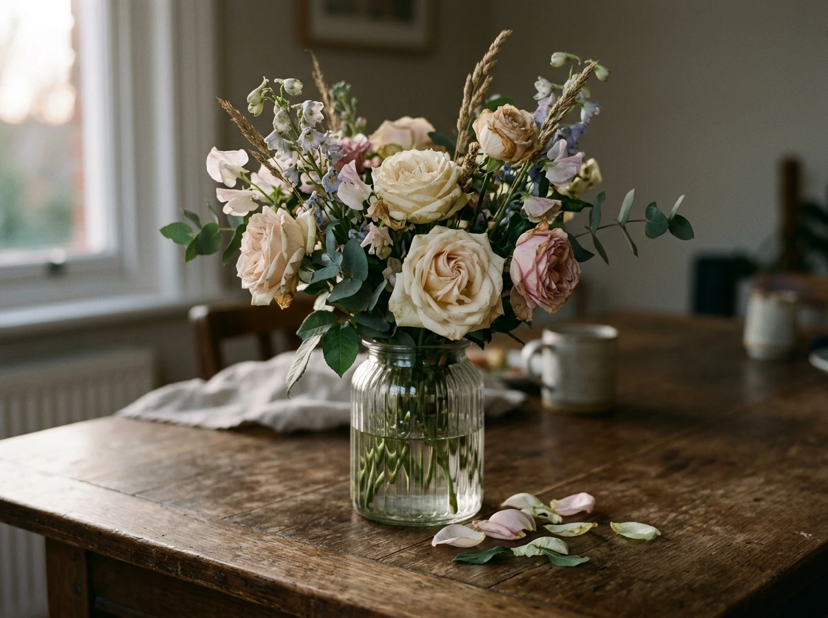 bouquet de fleurs légèrement fané dans un vase en fin de cycle