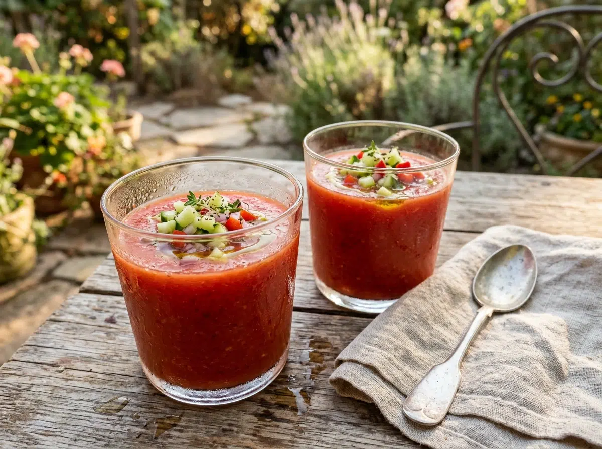 Deux verres de gaspacho maison bien frais garnis de concombre et d'huile d'olive