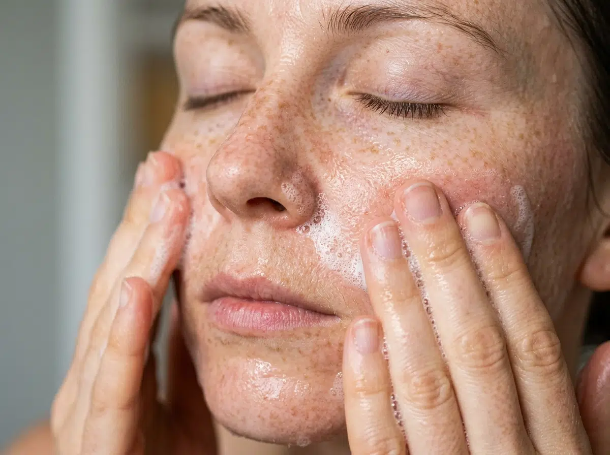 Gros plan de mains massant une mousse de nettoyant visage en cercles sur les joues