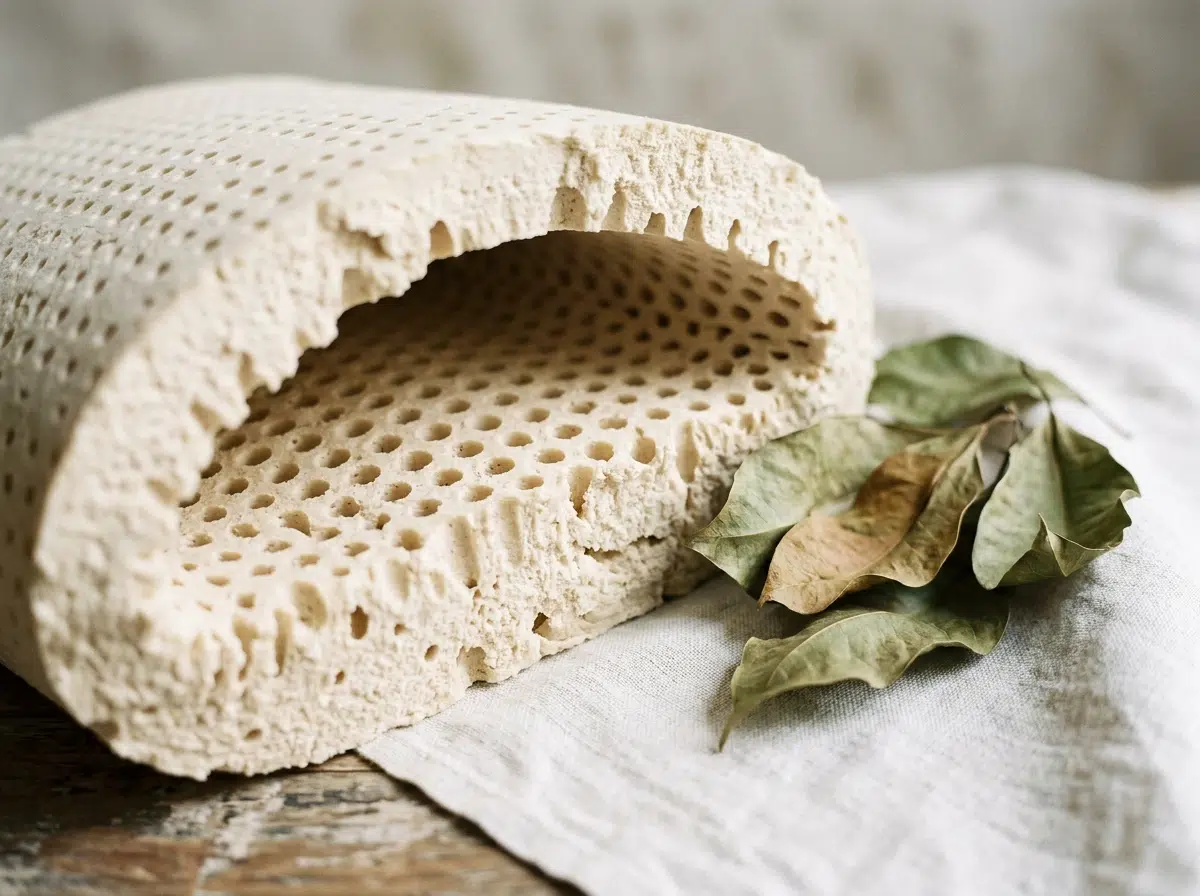 Coupe d'un matelas en latex naturel montrant la structure alvéolaire perforée