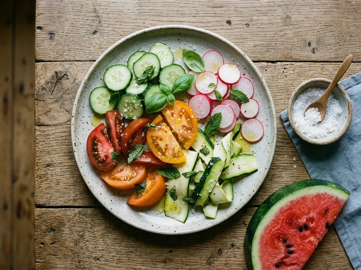 Assiette de crudités d'été riches en eau : concombre, tomates, radis et courgette