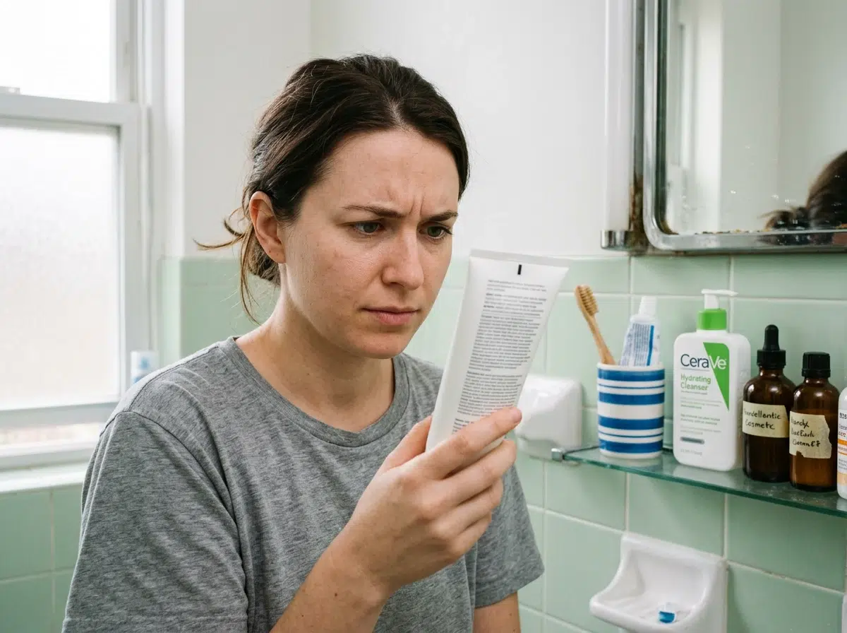 Femme lisant la composition INCI au dos d'un tube de nettoyant visage dans sa salle de bain