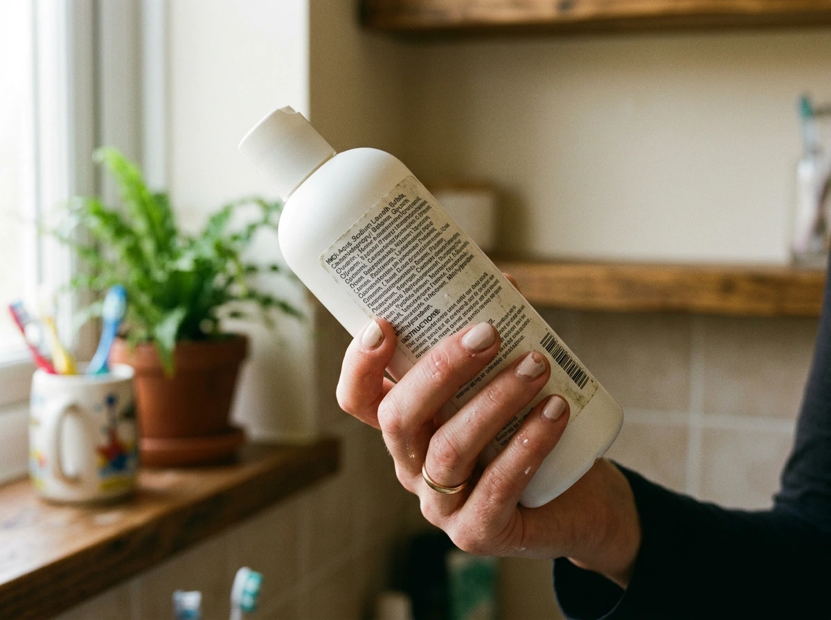 Une femme lit la liste des ingrédients au dos d'un flacon de shampoing pour enfant