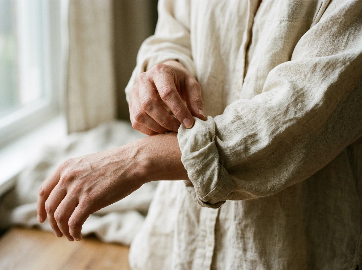 Gros plan sur des manches de chemise oversize retroussées au coude