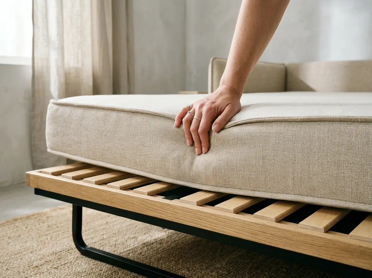Détail de l'épaisseur du matelas d'un canapé convertible mesuré à la main