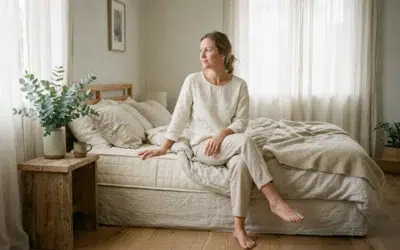 matelas-latex-naturel-chambre-reveil Femme assise sur le bord d'un matelas en latex naturel dans une chambre lumineuse au réveil