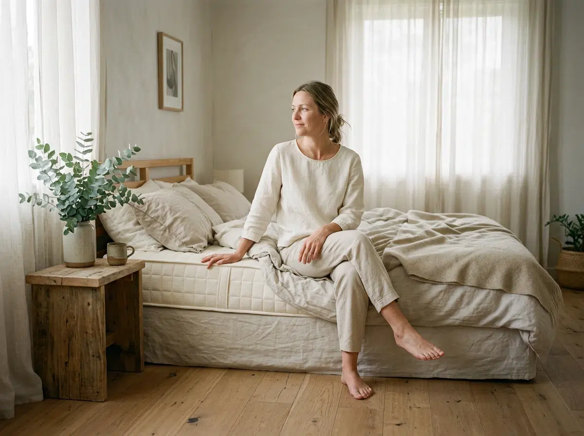 matelas-latex-naturel-chambre-reveil Femme assise sur le bord d'un matelas en latex naturel dans une chambre lumineuse au réveil