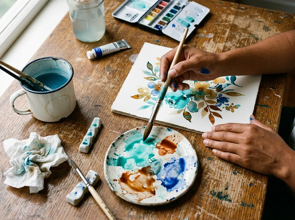 Mains d'une femme peignant à l'aquarelle sur papier coton avec palette et pinceau rond