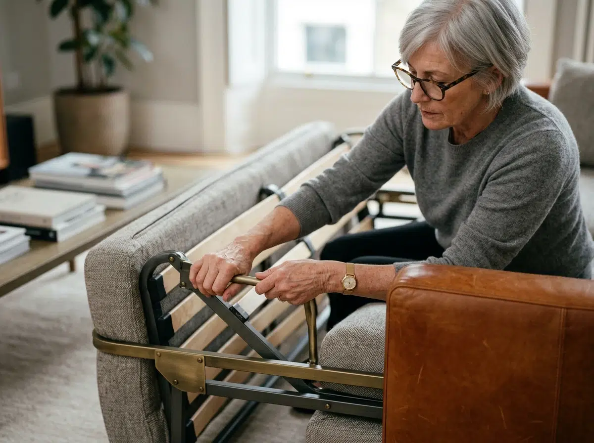 Mains ouvrant le mécanisme rapido d'un canapé convertible pour déplier le couchage