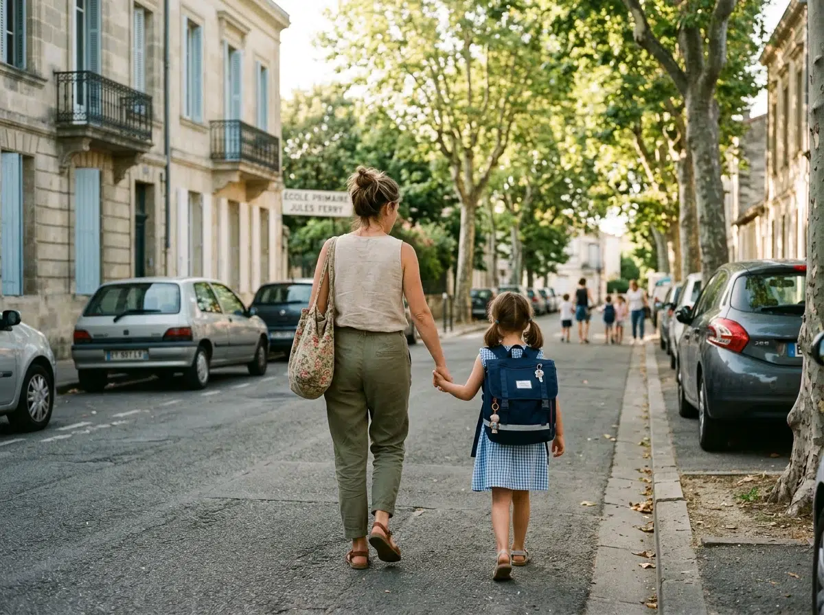 Mère accompagnant son enfant à l'école un matin d'été dans une rue résidentielle