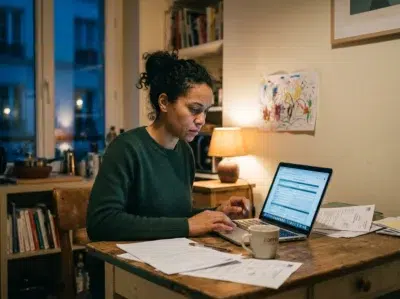 Mère seule remplissant un dossier d'aide CAF sur son ordinateur portable à la maison