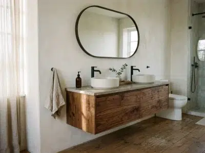 Meuble sous vasque en bois suspendu à double vasque et finition noyer dans une salle de bain lumineuse