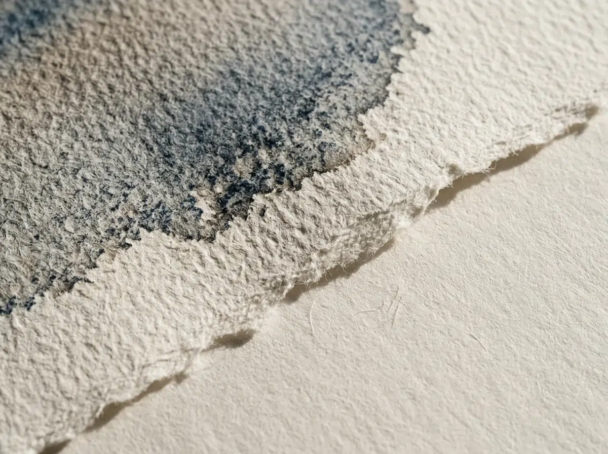 Gros plan sur la texture d'un papier aquarelle grain torchon coton avec lavis granulé