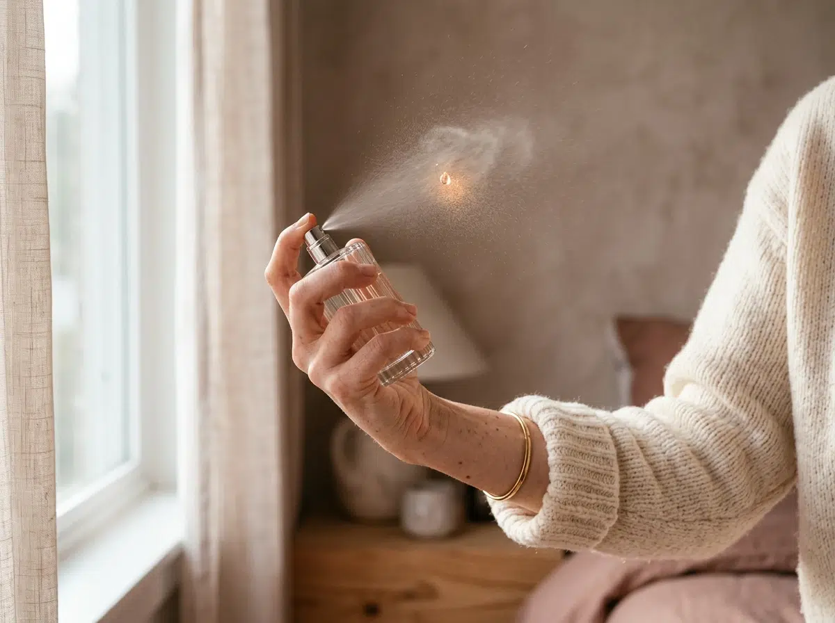 Femme testant un parfum sur son poignet dans une parfumerie, lumière naturelle