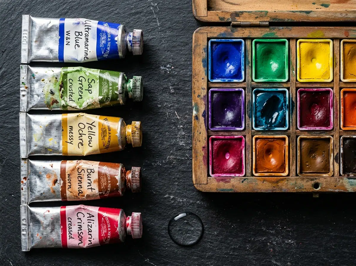 Tubes et demi-godets de peinture aquarelle extra-fine posés sur une surface ardoise