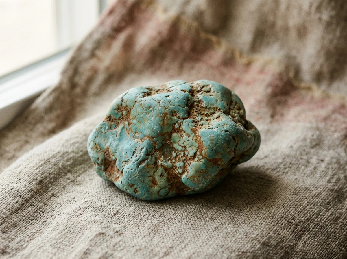 Pierre turquoise brute avec matrice brune posée sur un tissu en lin