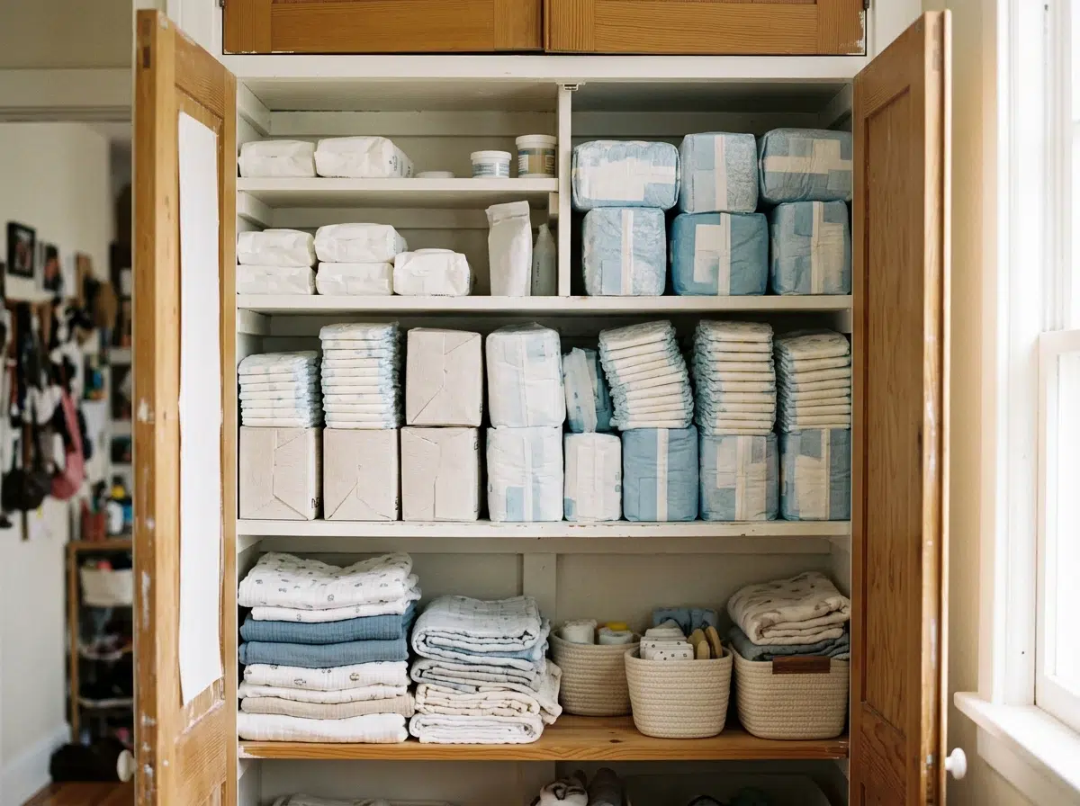 Placard de la maison rempli de cartons de couches de différentes tailles, stock organisé