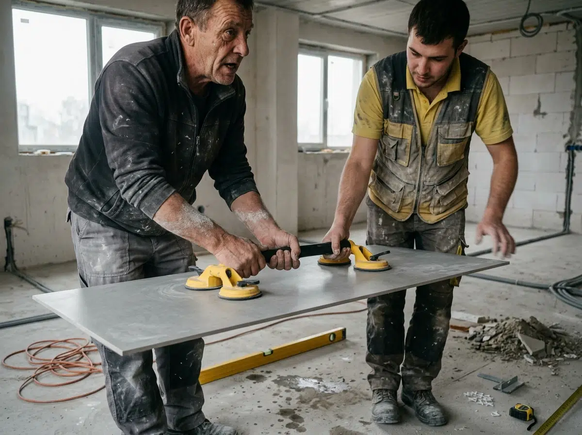 Deux poseurs manipulent une grande dalle de carrelage extra fin avec un cadre à ventouses sur un chantier