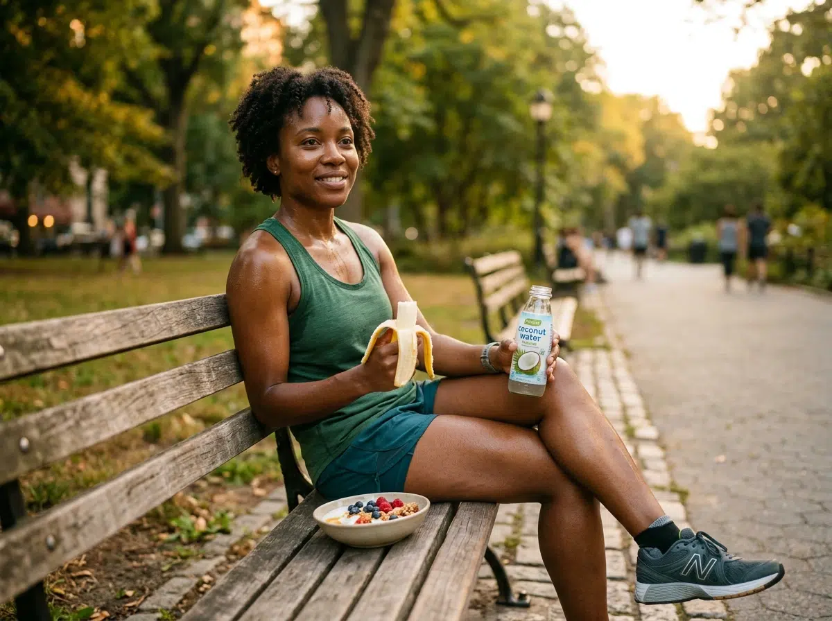 Femme récupérant après un effort avec banane, eau de coco et yaourt pour les électrolytes