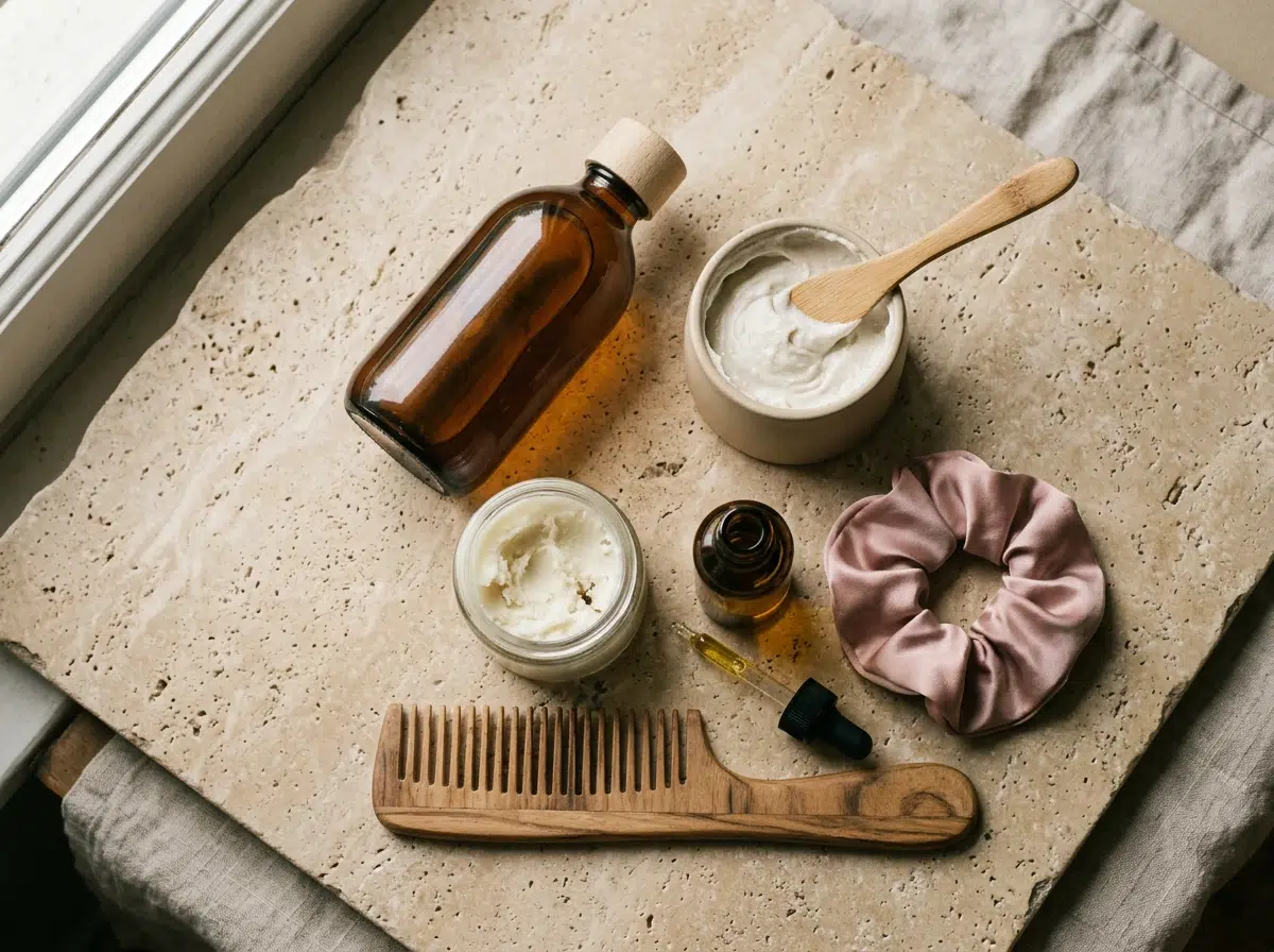 Produits pour cheveux crépus posés à plat : shampoing doux, masque, crème et huile