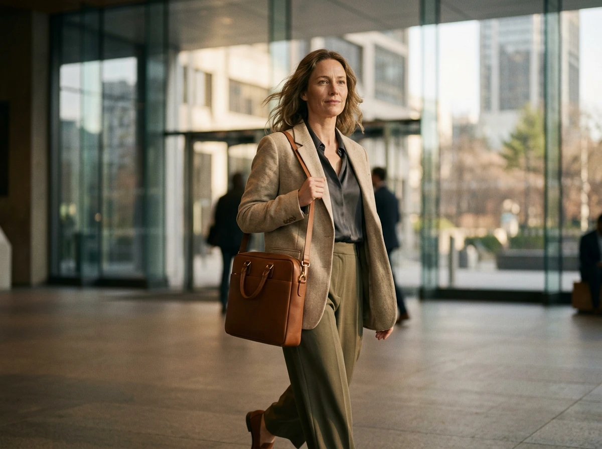 sac-cuir-ordinateur-femme-cover Femme active portant un sac en cuir cognac pour ordinateur portable dans un hall de bureau