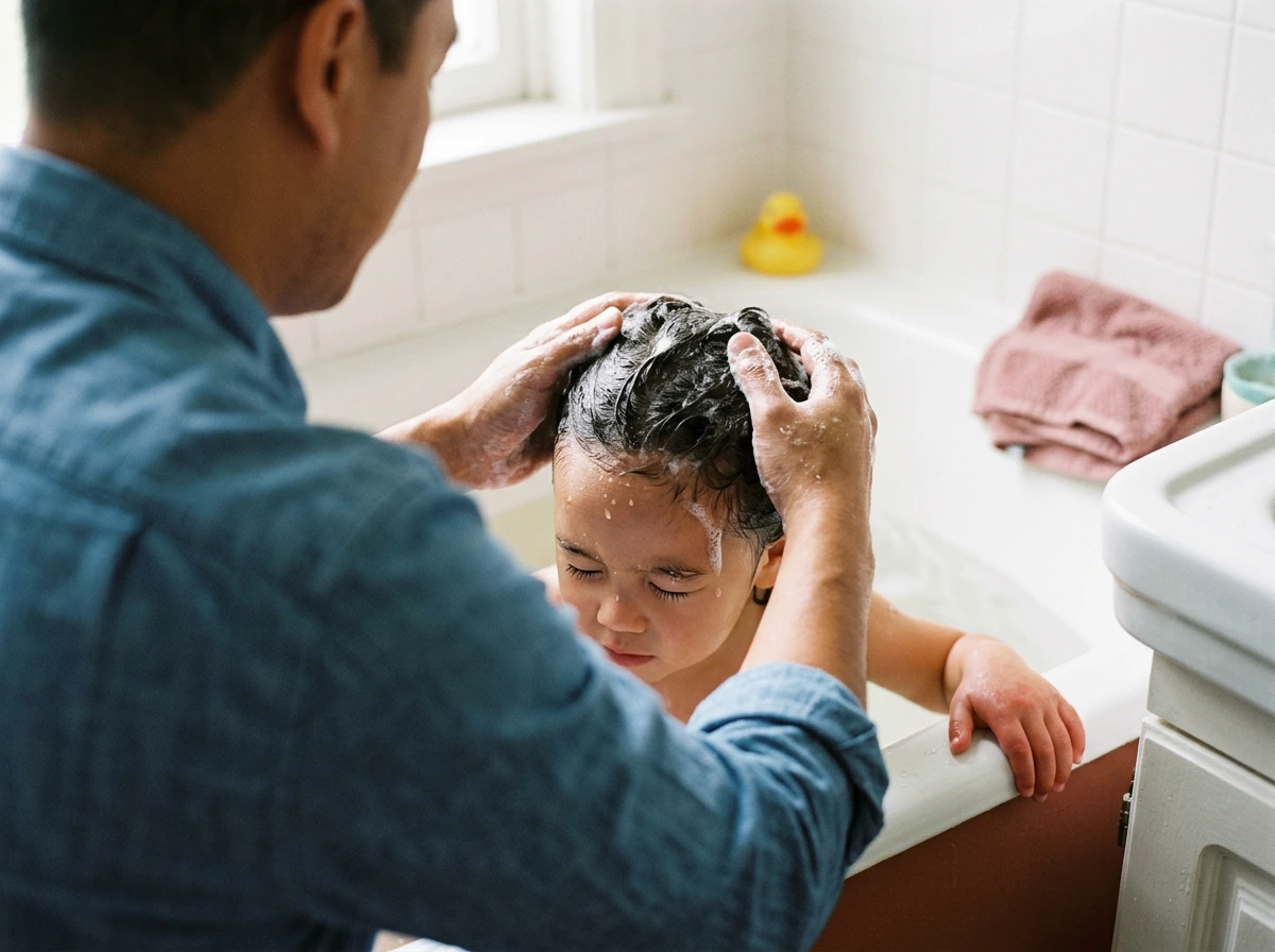 shampoing-doux-enfant-bain Un père fait un shampoing doux à sa fille de 3 ans dans une salle de bain lumineuse