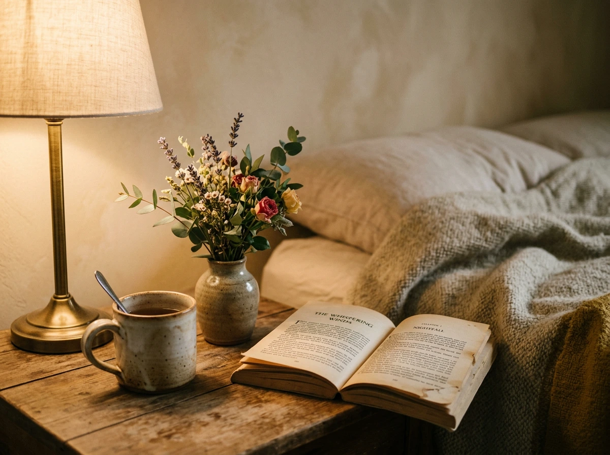 petit vase de fleurs posé sur une table de chevet à côté d'une tasse et d'un livre