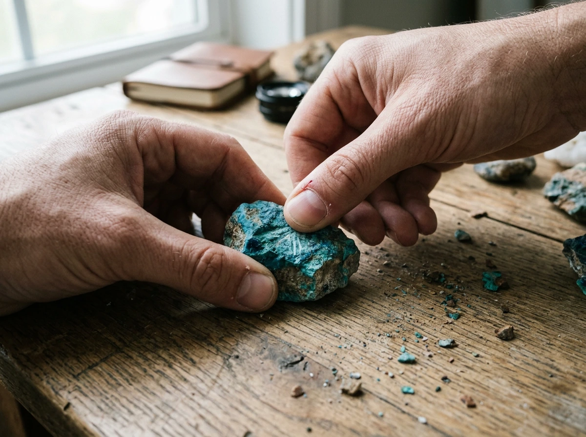 Test de rayure à l'ongle pour vérifier l'authenticité d'une pierre turquoise