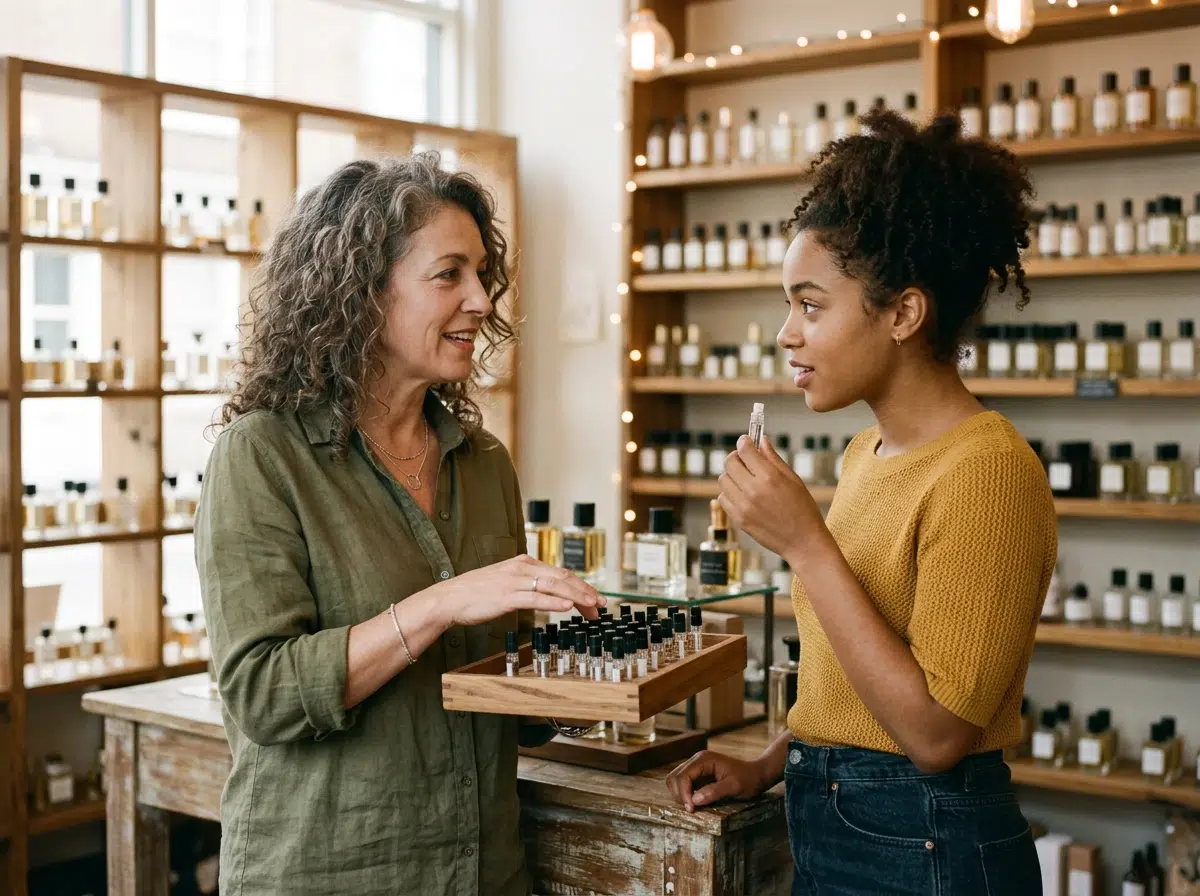 Conseillère en parfumerie présentant des échantillons de parfum femme à une cliente
